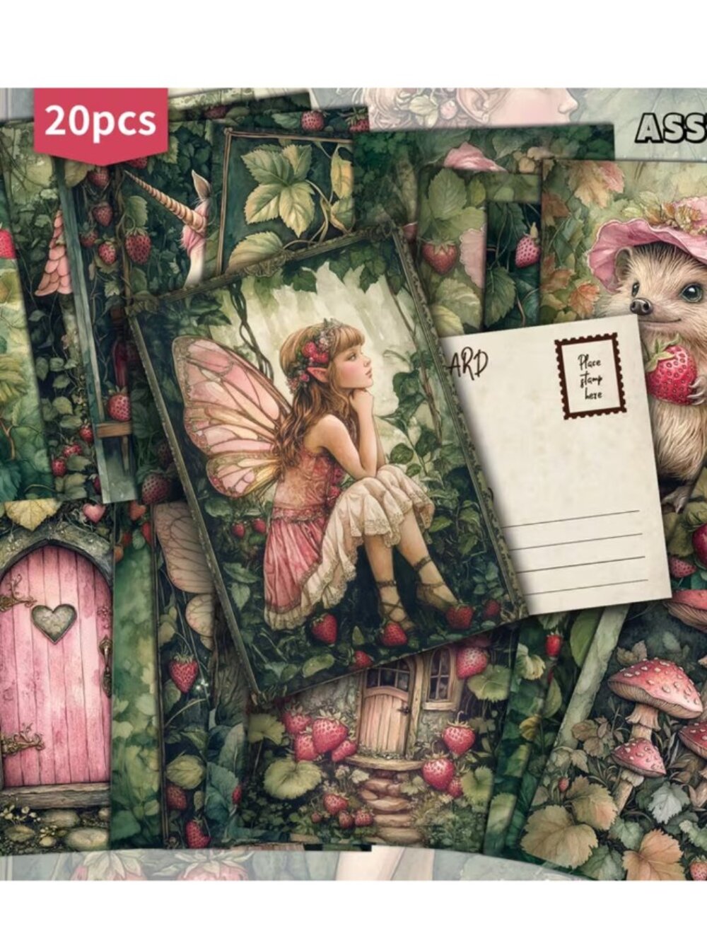 Strawberry Forest Fairies & Animals Illustrations Postcards Retro Junk Journal